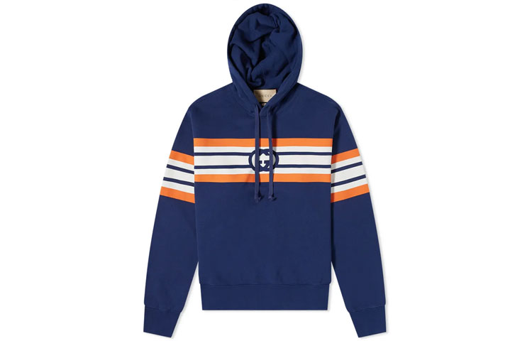 Gucci FW21 Blue Striped Logo Drawstring Hoodie for Men 646953X-JDAH-4684
