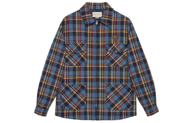 Buy Gucci FW21 男裝藍色虎頭刺繡格紋襯衫外套 648799-Z8AMG-4398