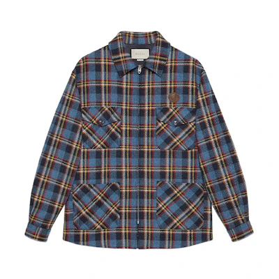 Gucci FW21 Blue Tiger Appliqué Check Shirt Jacket for Men 648799-Z8AMG-4398