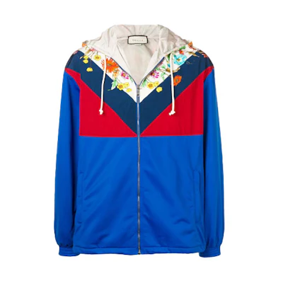 Gucci FW21 Colorblock Floral Detail Zip-Up Drawstring Hoodie Jacket 545614-XJAC3-4351