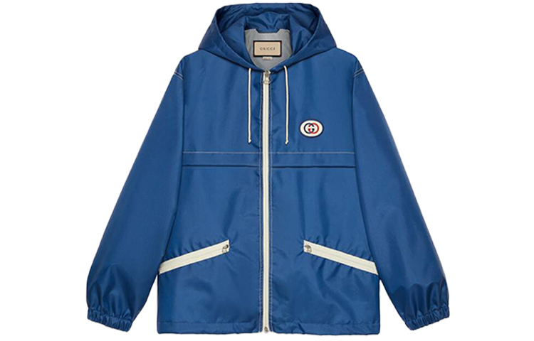 Gucci FW21 Double G Patch Lightweight Canvas Zip Logo Jacket Blue 654834-ZAGVW-4211