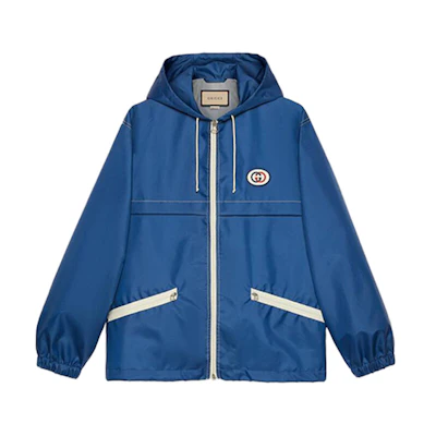 Gucci FW21 Double G Patch Lightweight Canvas Zip Logo Jacket Blue 654834-ZAGVW-4211