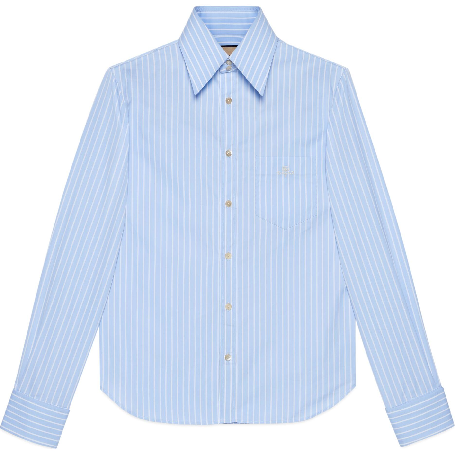Gucci FW21 Embroidered GG Striped Logo Long Sleeve Shirt Blue Fashion 680788-ZAICD-4337