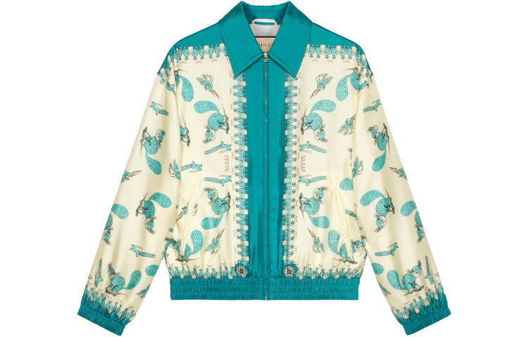 Gucci FW21 Freya Hartas Animal Print Silk Bomber Jacket Ivory White 654018-ZAGQL-4262