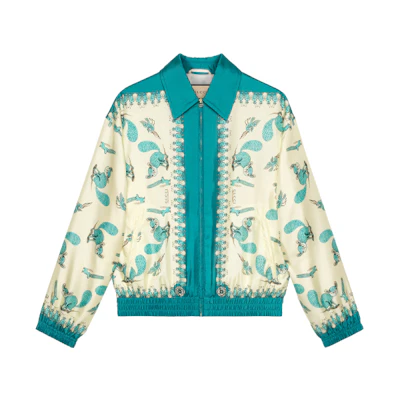 Gucci FW21 Freya Hartas Animal Print Silk Bomber Jacket Ivory White 654018-ZAGQL-4262
