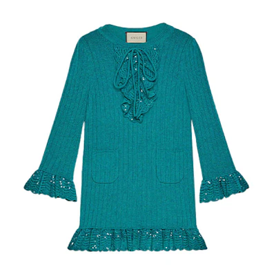 GUCCI FW21 Lace Patchwork Long Sleeve Dress Navy Blue 644792-XKBOV-3289