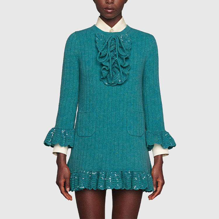 GUCCI FW21 Lace Patchwork Long Sleeve Dress Navy Blue 644792-XKBOV-3289 圖 3