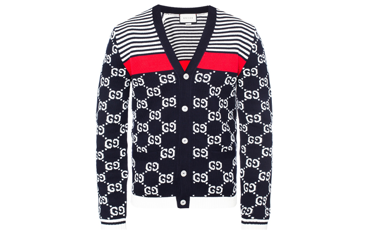 Gucci FW21 Logo Patchwork V-Neck Long Sleeve Sweater Navy Blue 523048-X9I07-4696