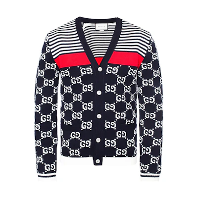 Gucci FW21 Logo Patchwork V-Neck Long Sleeve Sweater Navy Blue 523048-X9I07-4696