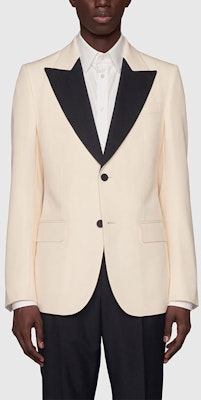 GUCCI 2021秋冬系列米白色對比翻領羊毛西裝外套 610062-Z593H-9521 Shop GUCCI 2021秋冬系列米白色對比翻領羊毛西裝外套 610062-Z593H-9521