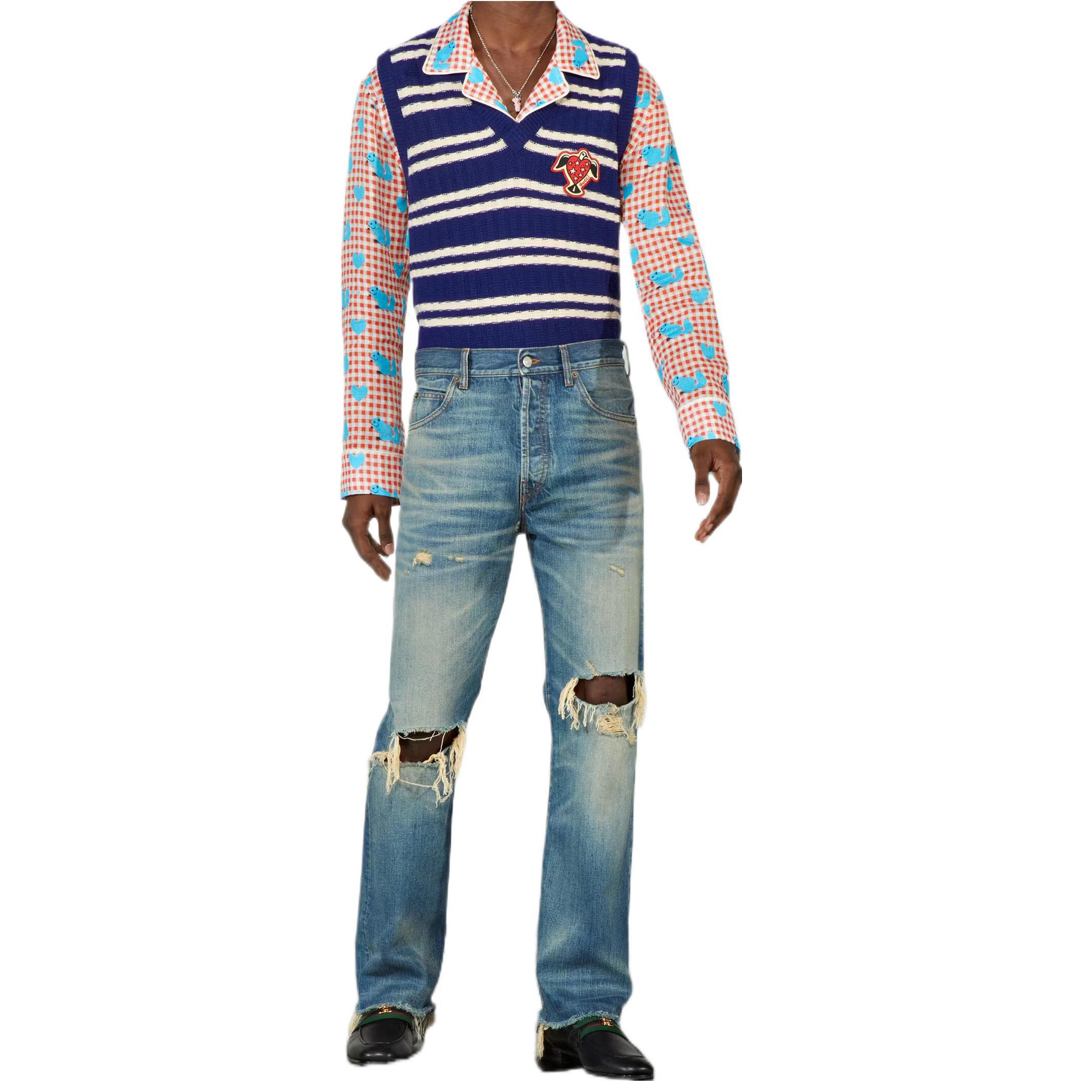 Shop GUCCI FW22 仿舊直筒牛仔褲 藍色牛仔. 716496-XDB6K-4447