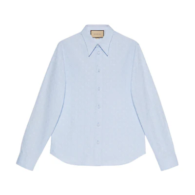 GUCCI FW22 Light Blue Solid Horsebit Jacquard Long-Sleeve Shirt 721176-ZAKH5-4850