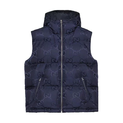 GUCCI FW22 Logo Print Hooded Sleeveless Vest Deep Blue. 698715-Z8A53-4348
