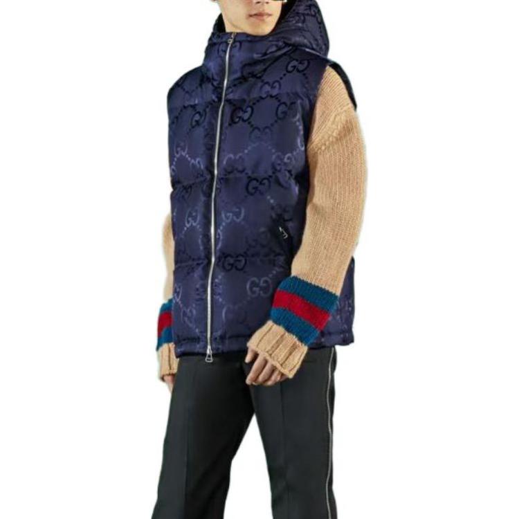 Shop GUCCI FW22  印花Logo連帽無袖背心 深藍色. 698715-Z8A53-4348