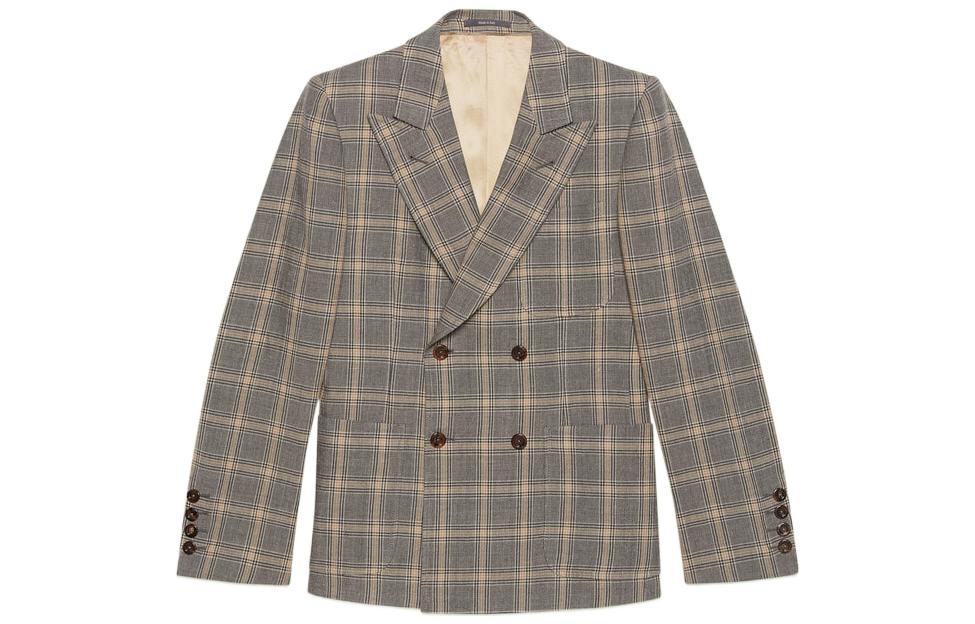 Gucci FW22 "Love Parade" Plaid Double-Breasted Blazer for Men - Gray 690290-ZAILW-1136