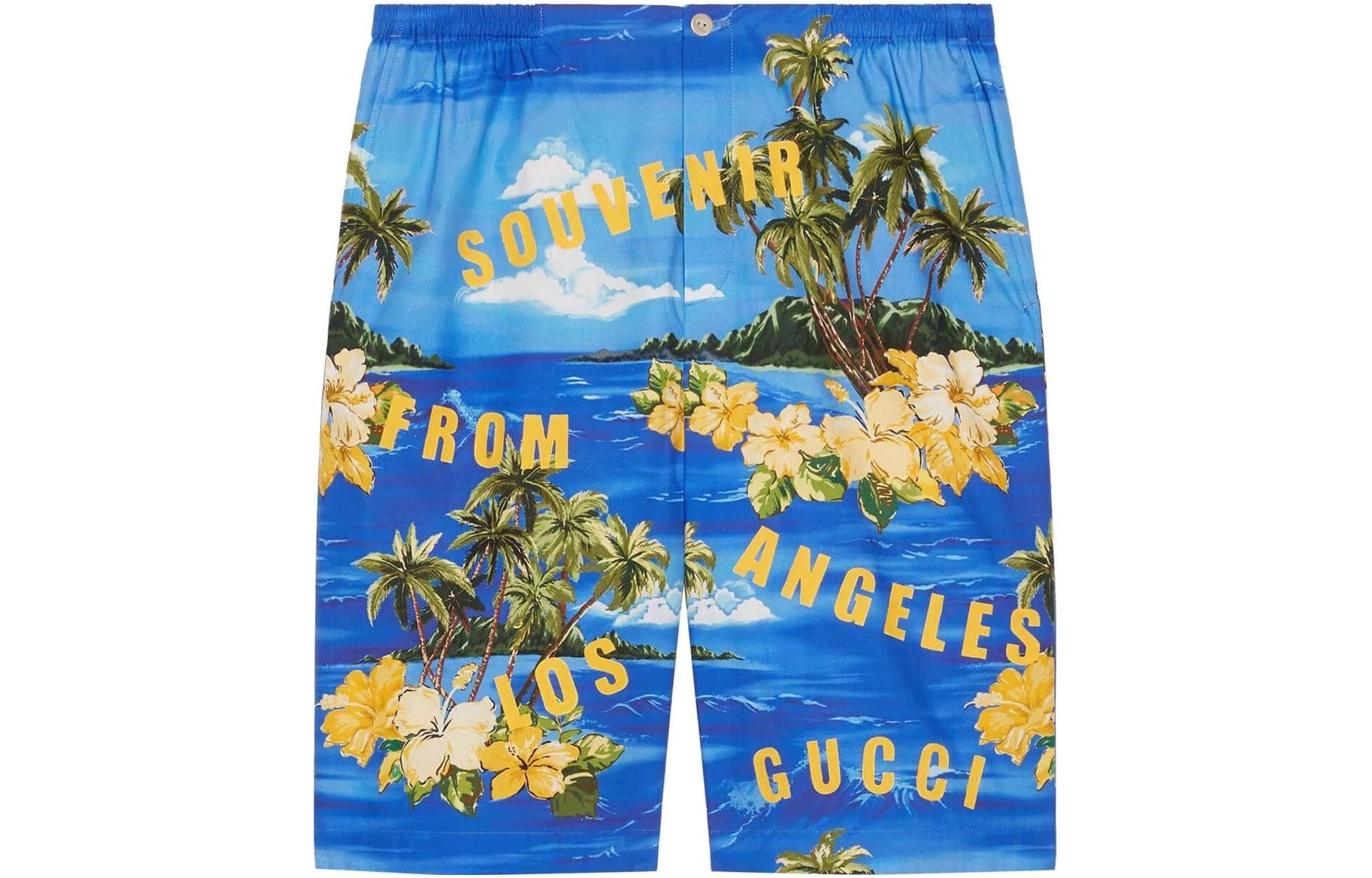 GUCCI FW22  Mid-Rise Blue Shorts with Floral Landscape Print. 672698-ZAJSR-4464