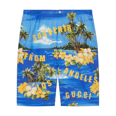 GUCCI FW22 Mid-Rise Blue Shorts with Floral Landscape Print. 672698-ZAJSR-4464