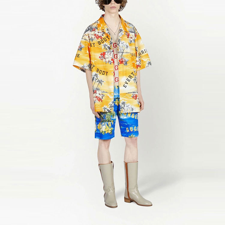 Lookbook 古驰FW22中腰蓝色花卉风景印花短裤 672698-ZAJSR-4464