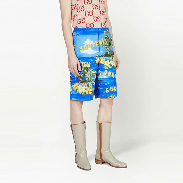 Purchase 古驰FW22中腰蓝色花卉风景印花短裤 672698-ZAJSR-4464