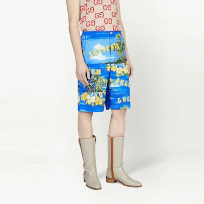 古驰FW22中腰蓝色花卉风景印花短裤 672698-ZAJSR-4464 Purchase 古驰FW22中腰蓝色花卉风景印花短裤 672698-ZAJSR-4464