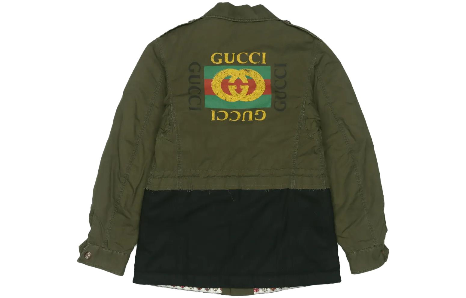 Lookbook GUCCI FW22 Jaket Hijau Tentera Kapas dengan Sulaman Serangga. 488177-XR759-3027
