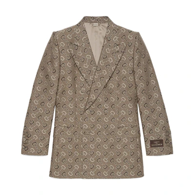 Gucci FW22 Allover Logo Double-Breasted Brown Blazer for Men 705284-ZAKIV-9549