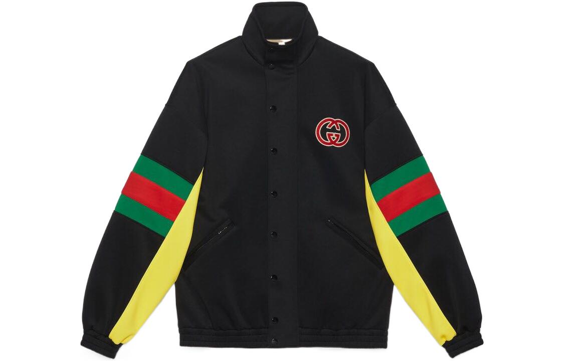 Gucci FW22 Black Logo Print Stripe Trim High Neck Jacket 706437-XJETG-1152