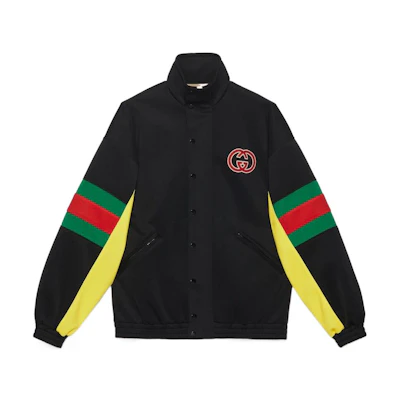 Gucci FW22 Black Logo Print Stripe Trim High Neck Jacket 706437-XJETG-1152