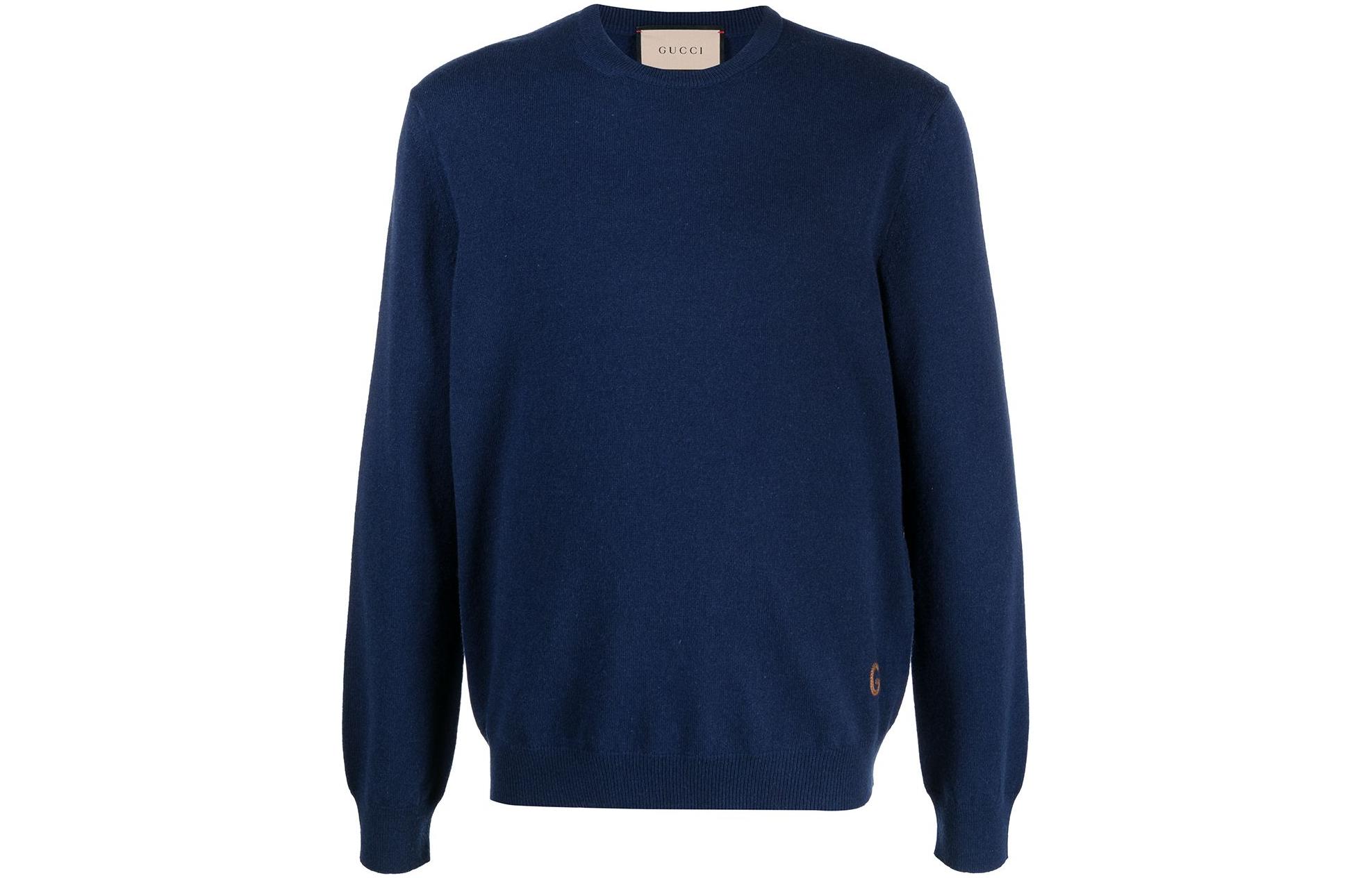 Gucci FW22 Blue Crewneck Sweater with Embroidered Logo 642794-XKBRM-4447