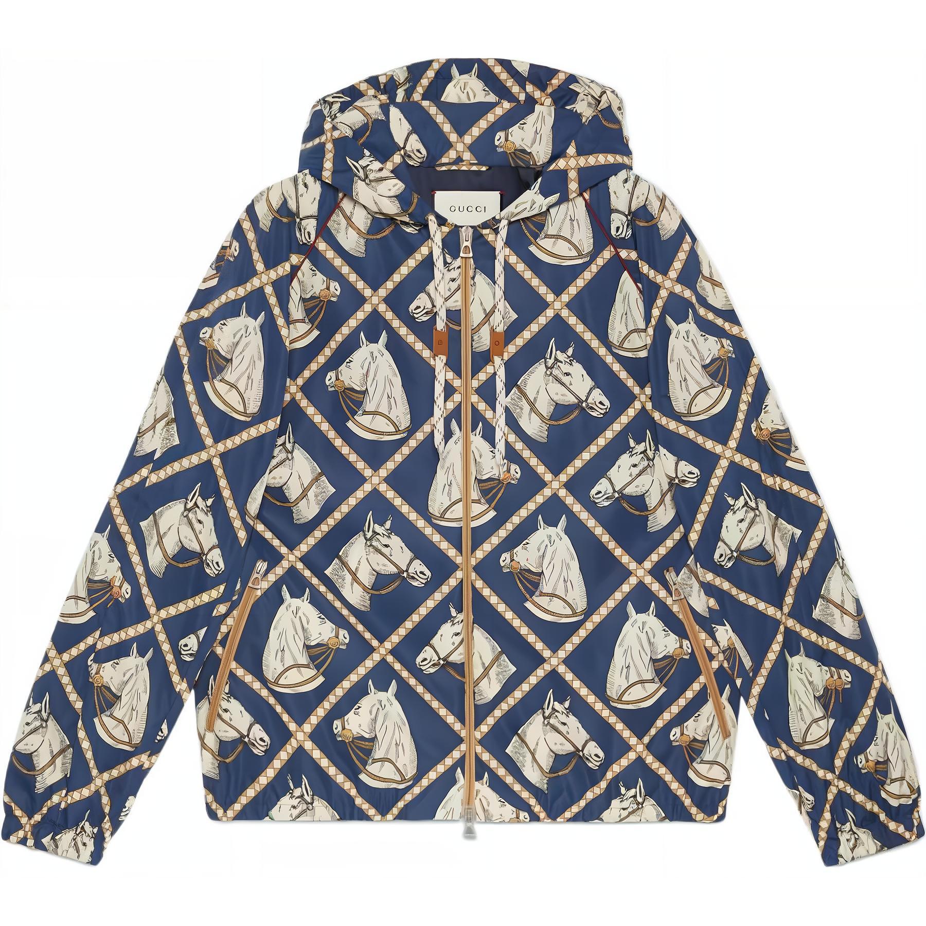Gucci FW22 Blue Horse Print Hooded Jacket 714801-Z8A6J-4310
