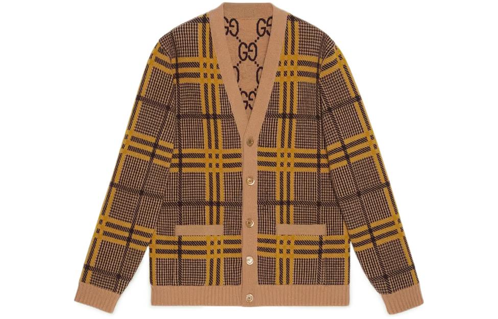 Gucci FW22 Brown Plaid V-Neck Wool Knit Cardigan 696576-XKCFX-2378