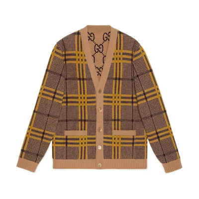 Gucci FW22 Brown Plaid V-Neck Wool Knit Cardigan 696576-XKCFX-2378