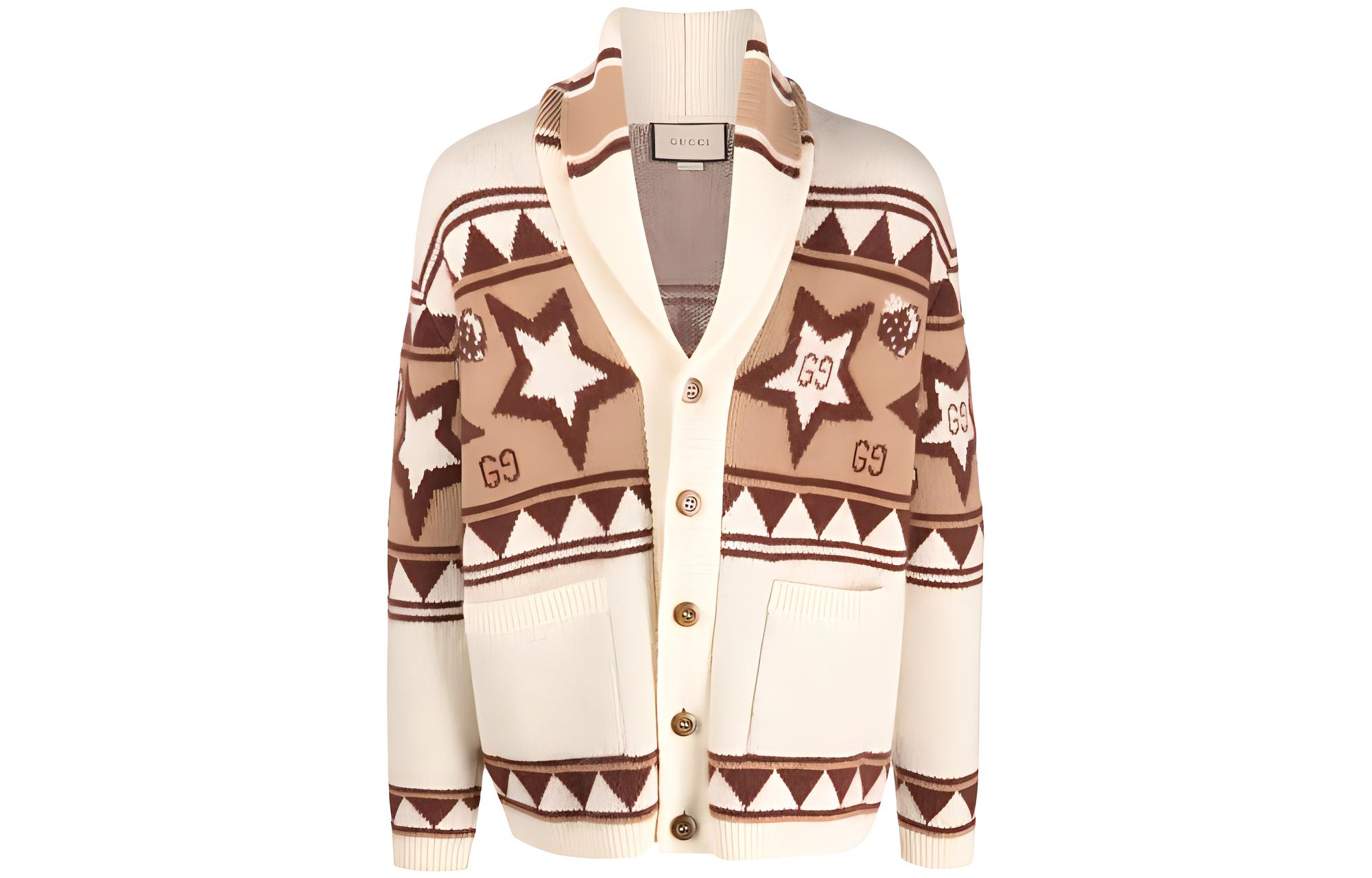 Gucci FW22 Brown Star Pattern Jacquard V-Neck Cardigan Sweater 673545-XKB2P-9027