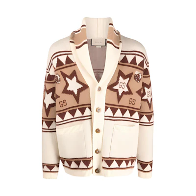 Gucci FW22 Brown Star Pattern Jacquard V-Neck Cardigan Sweater 673545-XKB2P-9027