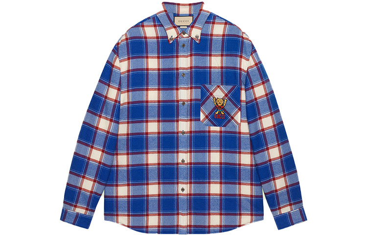 Gucci FW22 Check Print Logo Embroidered Blue Long Sleeve Shirt for Men 694142-ZAJTS-4370