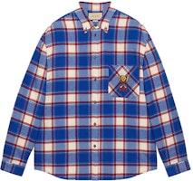 Gucci FW22 Check Print Logo Embroidered Blue Long Sleeve Shirt for Men 694142-ZAJTS-4370 Gucci FW22 Check Print Logo Embroidered Blue Long Sleeve Shirt for Men 694142-ZAJTS-4370