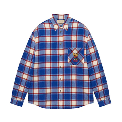 Gucci FW22 Check Print Logo Embroidered Blue Long Sleeve Shirt for Men 694142-ZAJTS-4370