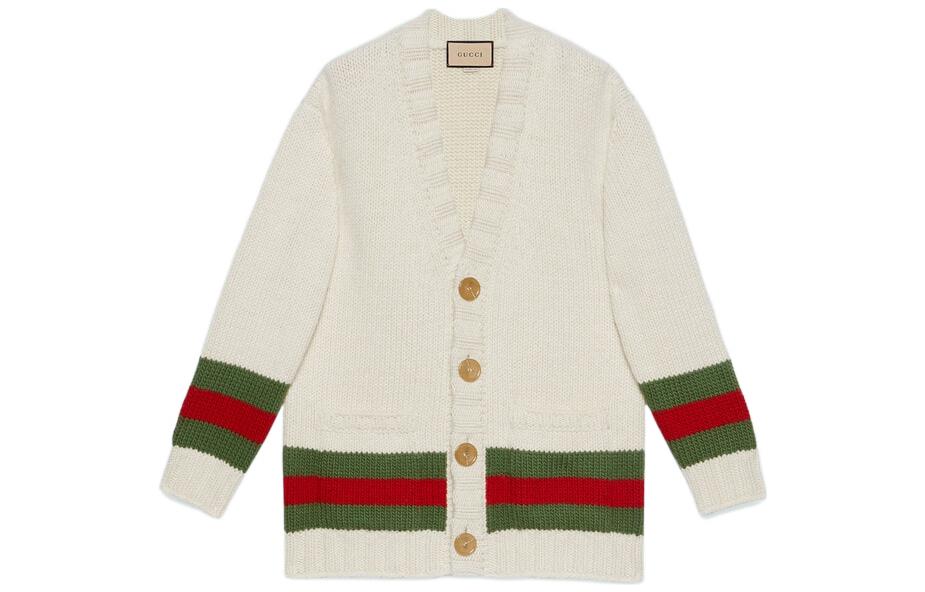 Gucci FW22 Colorblock Striped V-Neck Knit Cardigan Beige 706735-XKCJ4-9146