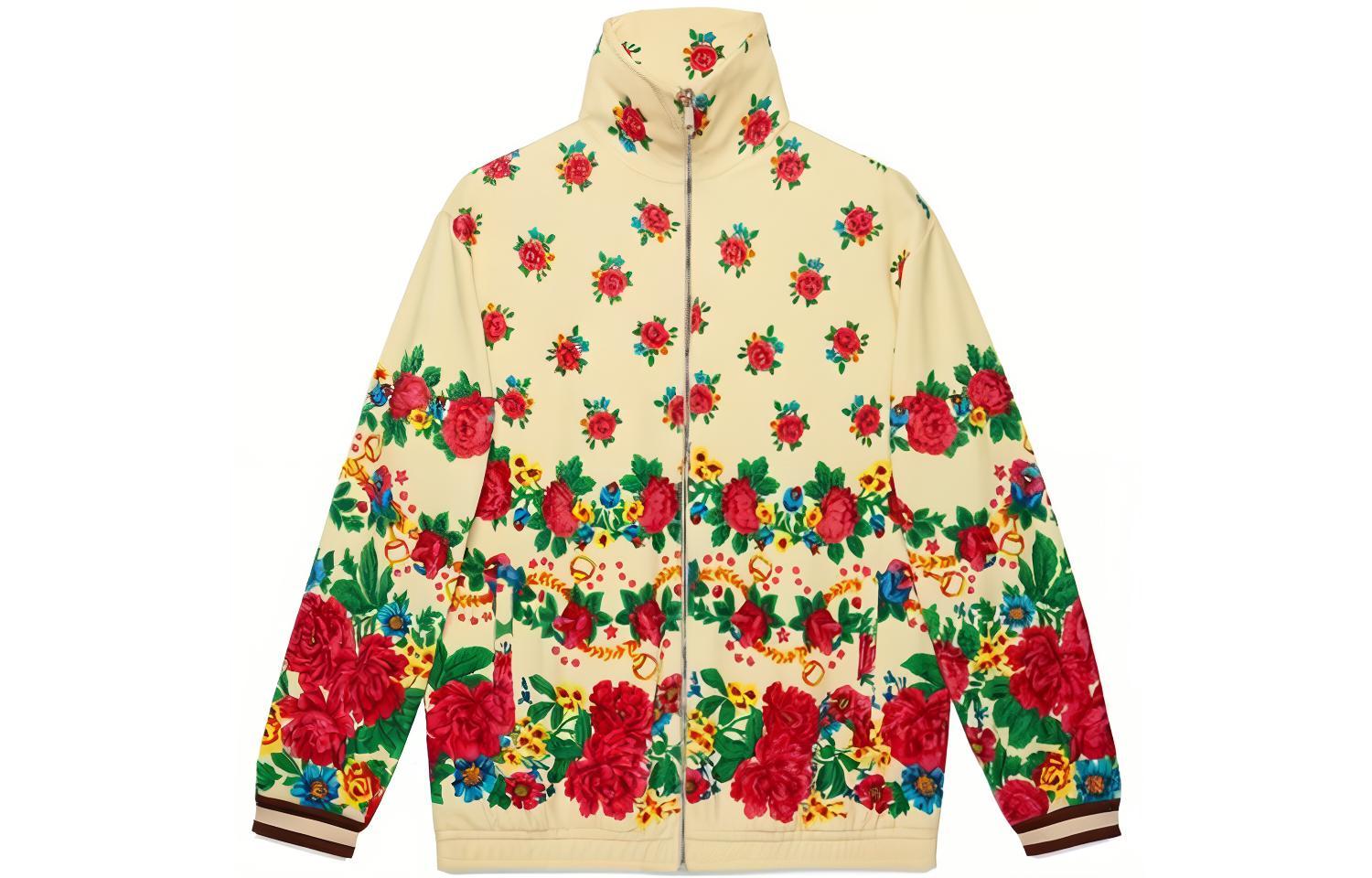 Gucci FW22 Floral Print Ribbed Knit Long-Sleeve Jacket Beige 574152-XJA8Z-9376