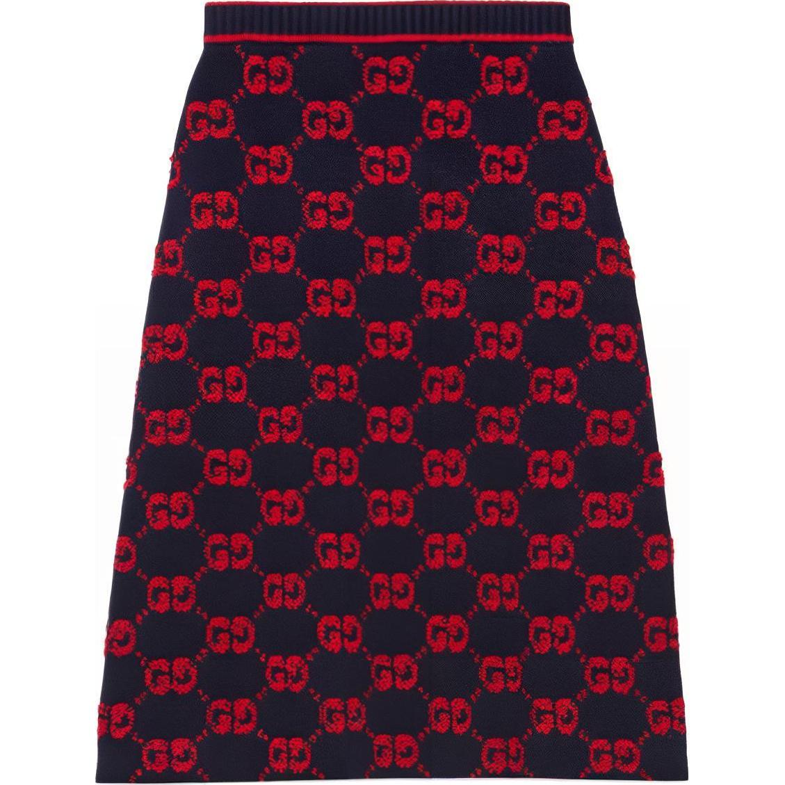GUCCI FW22 GG Jacquard High-Waisted Mid-Length Skirt Blue Red. 713301-XKCNA-4668