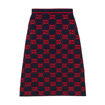 GUCCI FW22 GG Jacquard High-Waisted Mid-Length Skirt Blue Red. 713301-XKCNA-4668