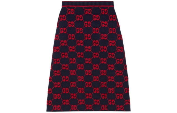 Lookbook GUCCI 2022秋冬系列GG提花高腰中长裙蓝红色. 713301-XKCNA-4668