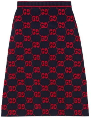 GUCCI 2022秋冬系列GG提花高腰中长裙蓝红色. 713301-XKCNA-4668 Lookbook GUCCI 2022秋冬系列GG提花高腰中长裙蓝红色. 713301-XKCNA-4668