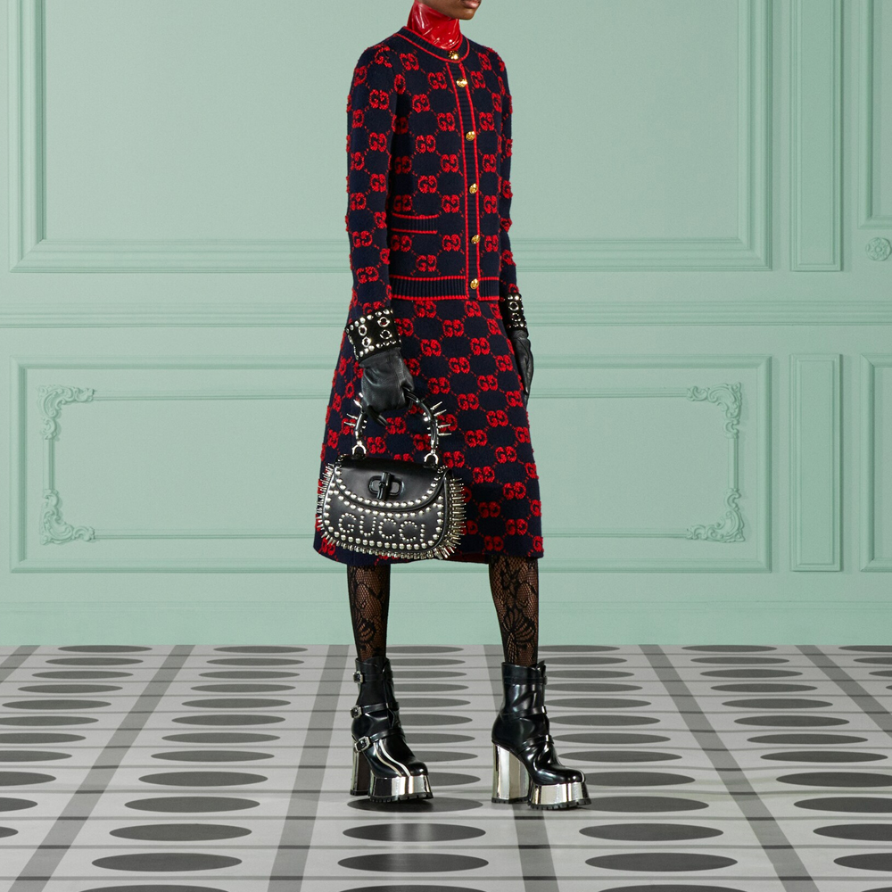 Shop GUCCI 2022秋冬系列GG提花高腰中长裙蓝红色. 713301-XKCNA-4668