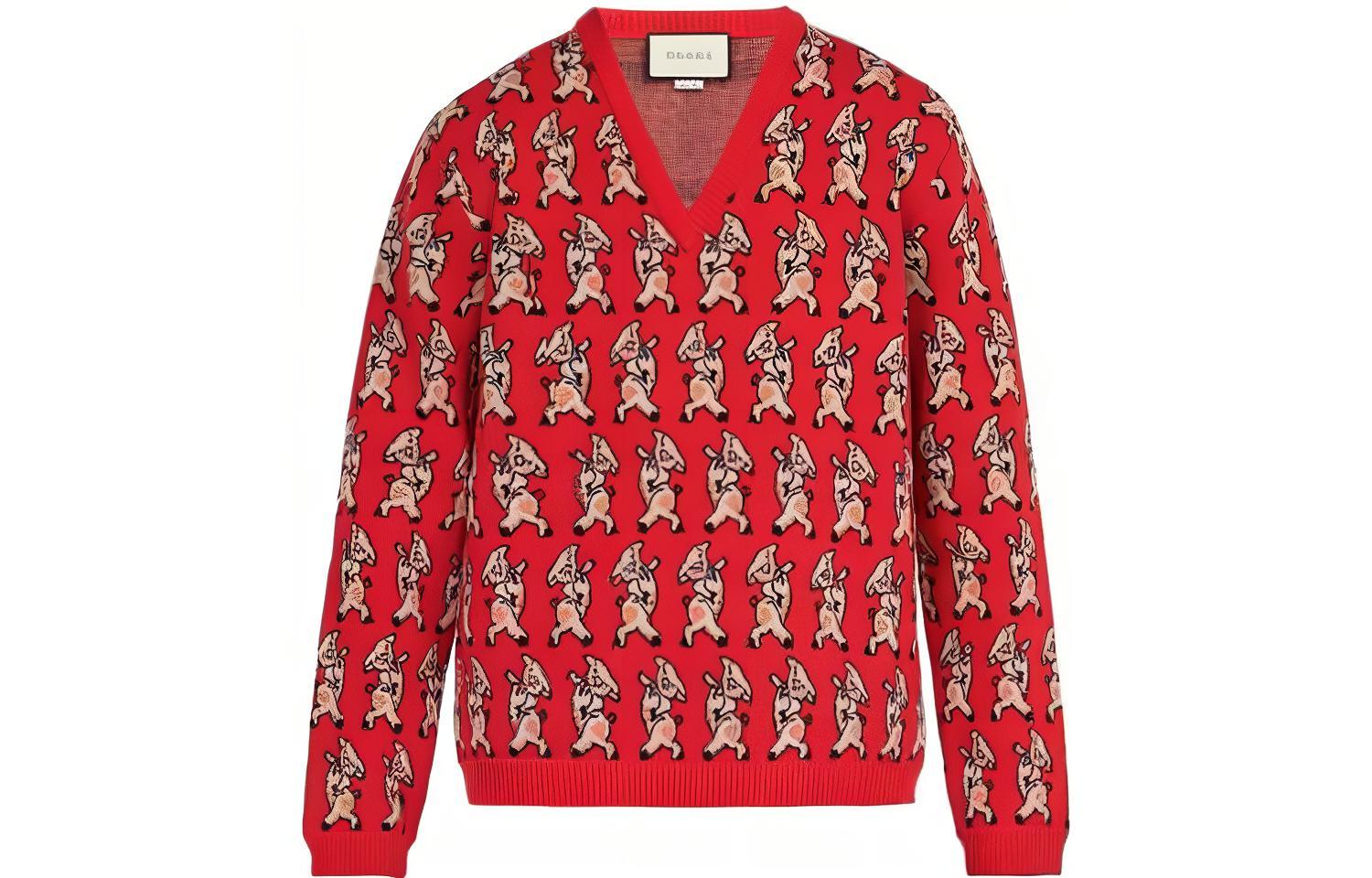 Gucci FW22 Graphic Print V-Neck Pullover Sweater Men Red 545735-XKADT-65270