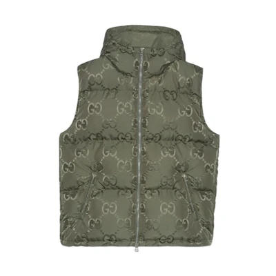 GUCCI FW22 Green Logo Print Zip-Up Hooded Down Vest for Men. 698715-Z8A53-3175