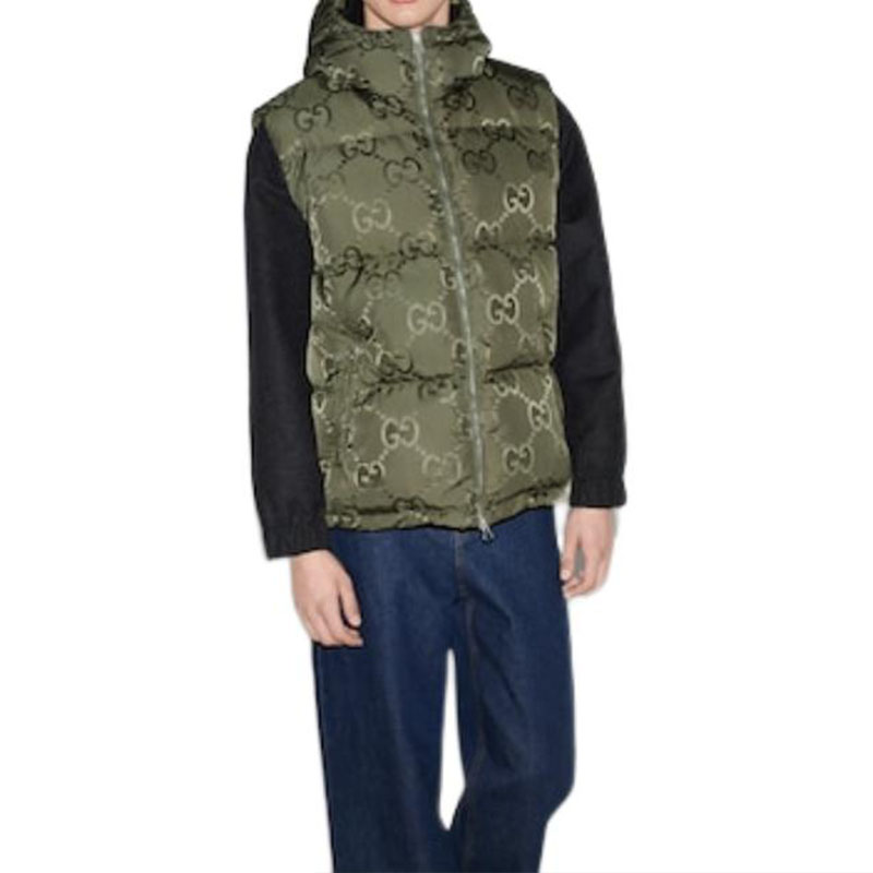 Lookbook GUCCI 2022秋冬男士绿色Logo印花连帽羽绒马甲夹克 698715-Z8A53-3175