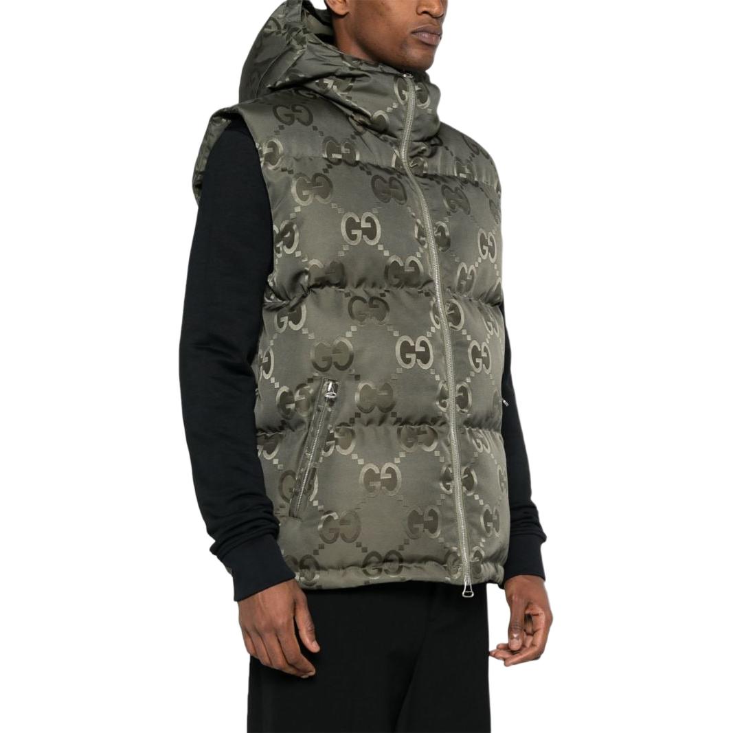 Sizing GUCCI 2022秋冬男士绿色Logo印花连帽羽绒马甲夹克 698715-Z8A53-3175