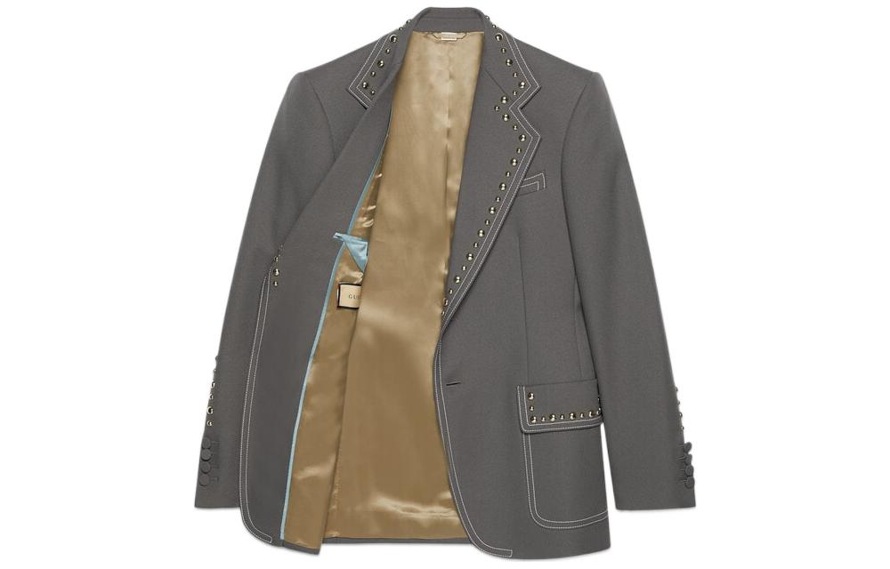 Lookbook GUCCI FW22 Grey Single-Breasted Studded Long-Sleeve Blazer Jacket Men 710897-ZAKGX-1101