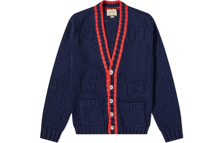 Gucci FW22 Navy Cable Knit V-Neck Cardigan 692156XKCBA4668